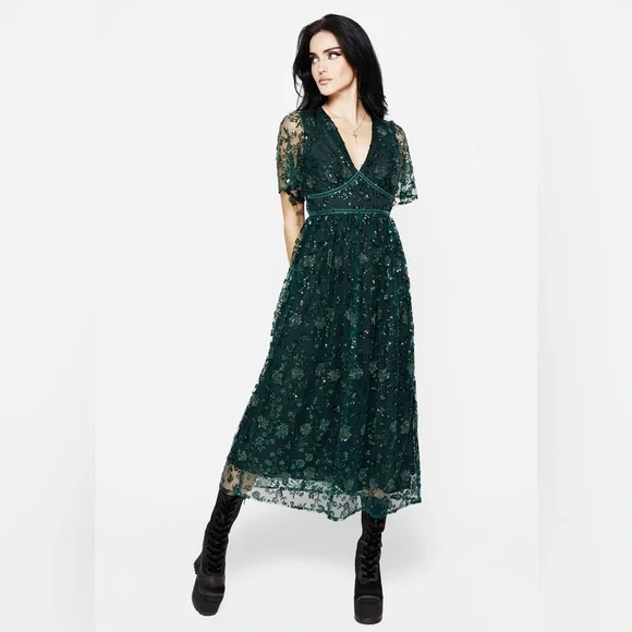 Disturbia Glimmer Embroidered Sequin Lace Angel Sleeve Midi Dress - Picture 2 of 14